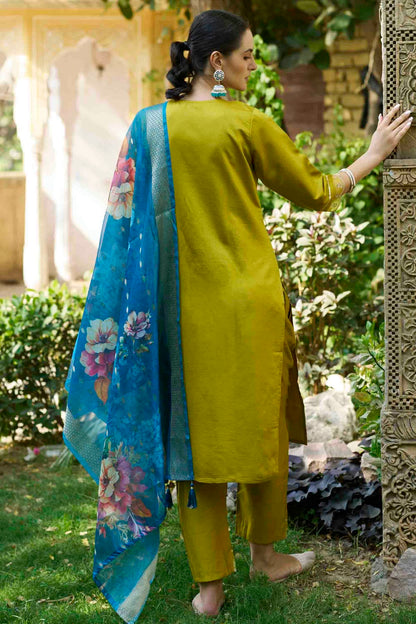 Lime Green Colour Viscose Rayon Embroidery Pant Style Suit VSSS1113630