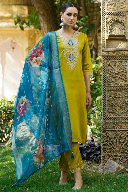 Lime Green Colour Viscose Rayon Embroidery Pant Style Suit VSSS1113630