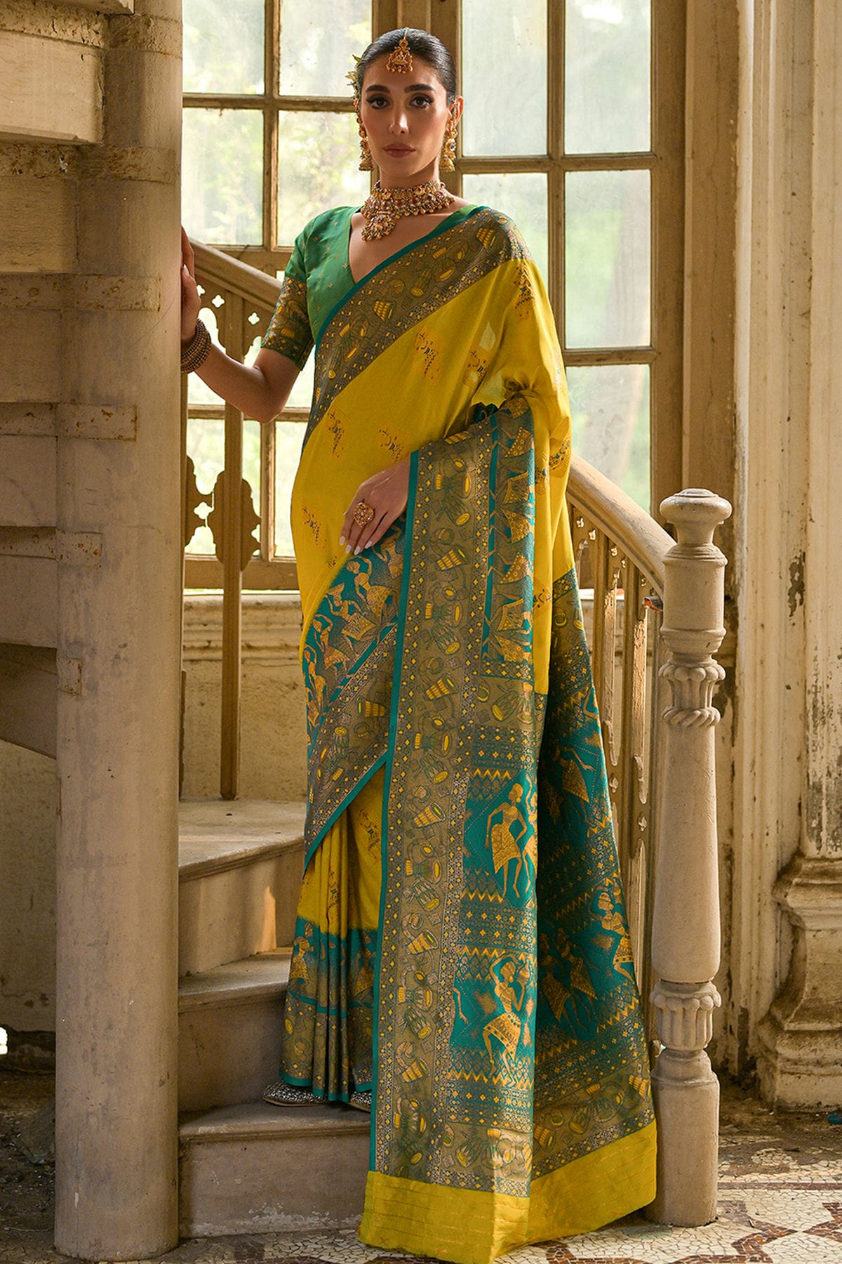 Lime Yellow Colour Woven Work Banarasi Silk Saree