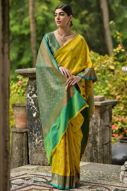 Lime Yellow Colour Woven Work Banarasi Silk Saree