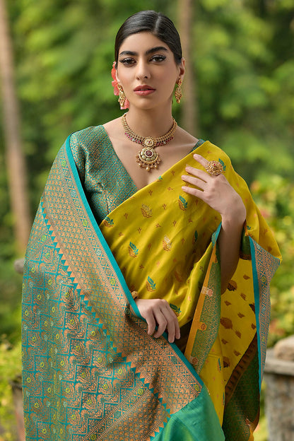 Lime Yellow Colour Woven Work Banarasi Silk Saree