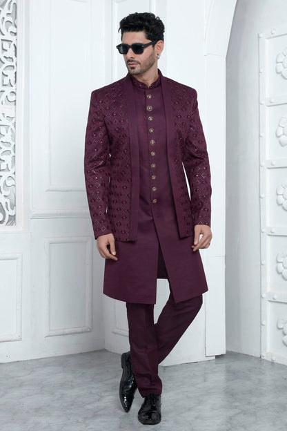 Magenta Colour Art Silk Indowestern Sherwani With Aligadhi Pant VSSH1230021