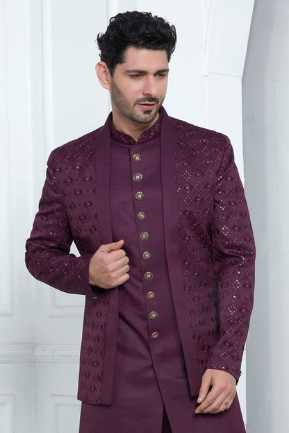 Magenta Colour Art Silk Indowestern Sherwani With Aligadhi Pant VSSH1230021