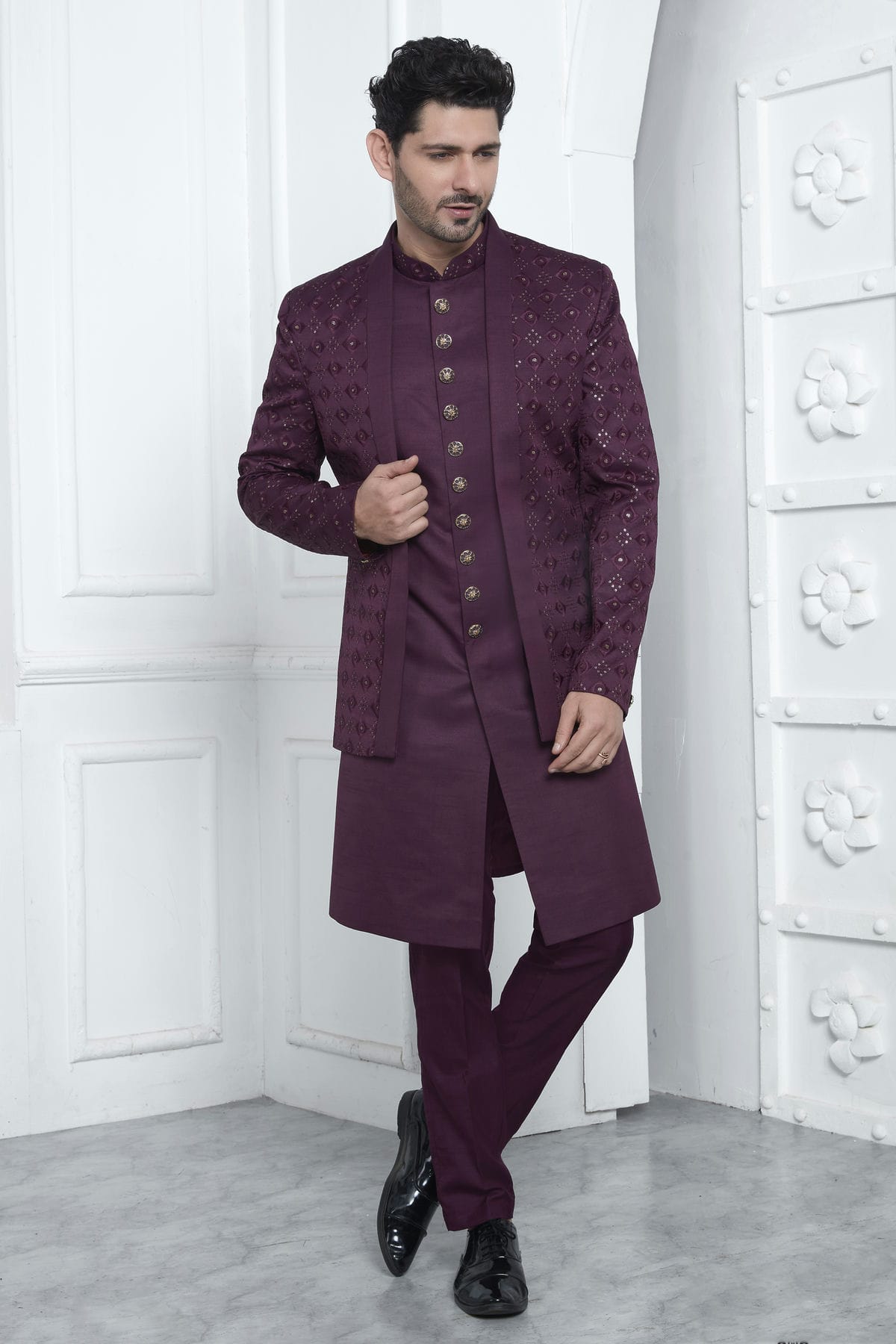 Magenta Colour Art Silk Indowestern Sherwani With Aligadhi Pant