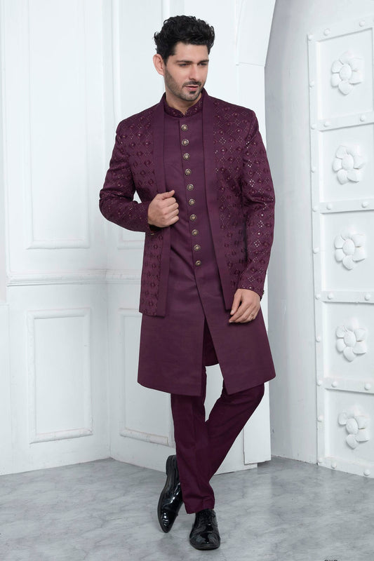 Magenta Colour Art Silk Indowestern Sherwani With Aligadhi Pant