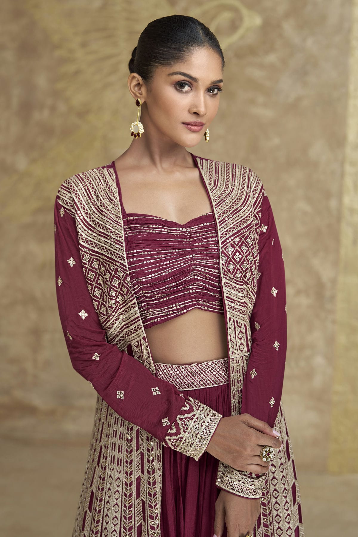 Magenta Colour Chinon Silk Semi Stitched Lehenga Suit