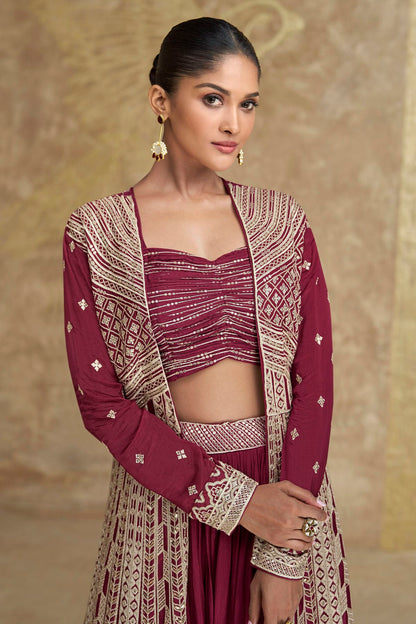 Magenta Colour Chinon Silk Semi Stitched Lehenga Suit