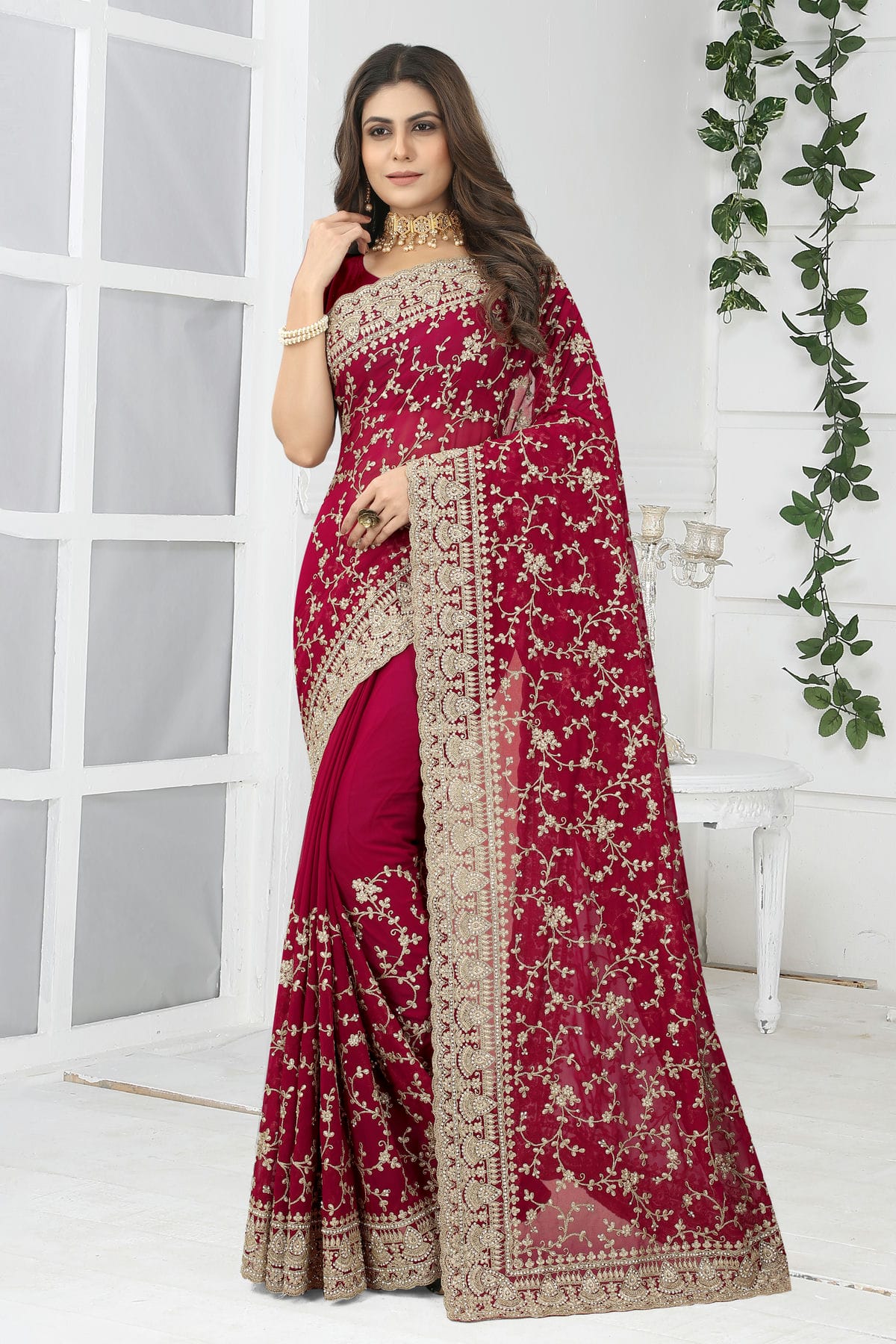 Magenta Colour Georgette Designer Saree