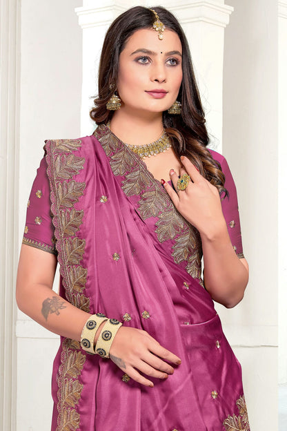 Magenta Colour Satin Designer Saree
