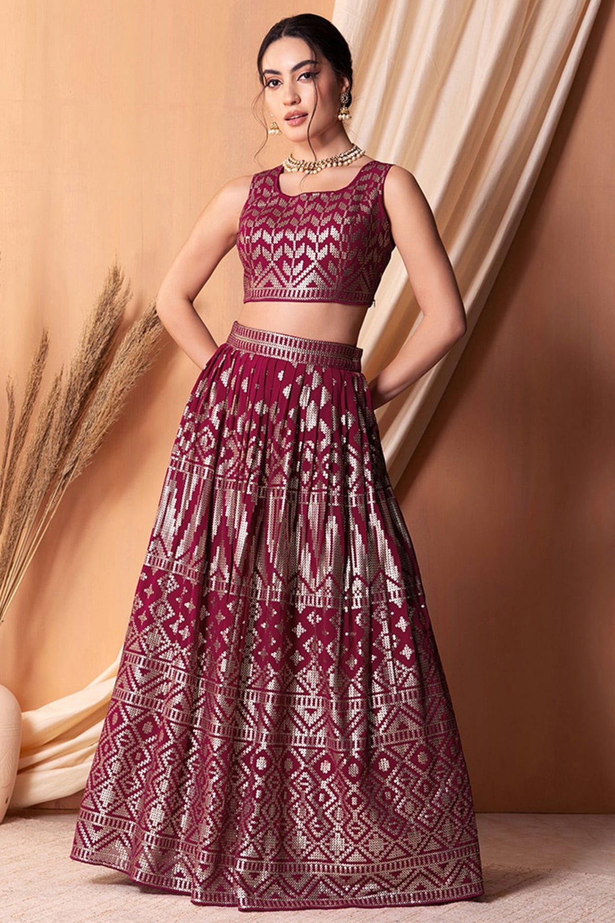 Magenta Colour Semi Stitched Georgette Lehenga Choli