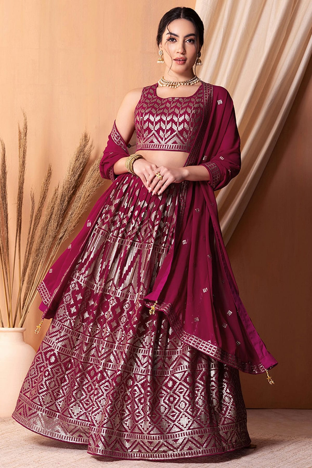 Magenta Colour Semi Stitched Georgette Lehenga Choli
