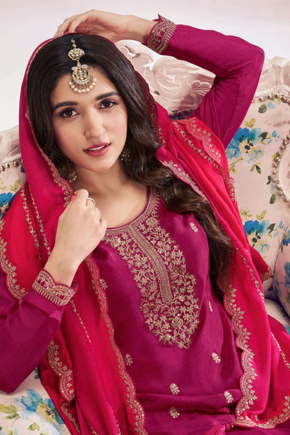 Magenta Colour Semi Stitched Vichitra Silk Palazzo Pant Suit VSSM1140496