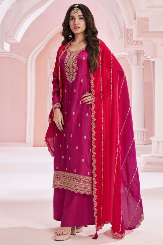 Magenta Colour Semi Stitched Vichitra Silk Palazzo Pant Suit