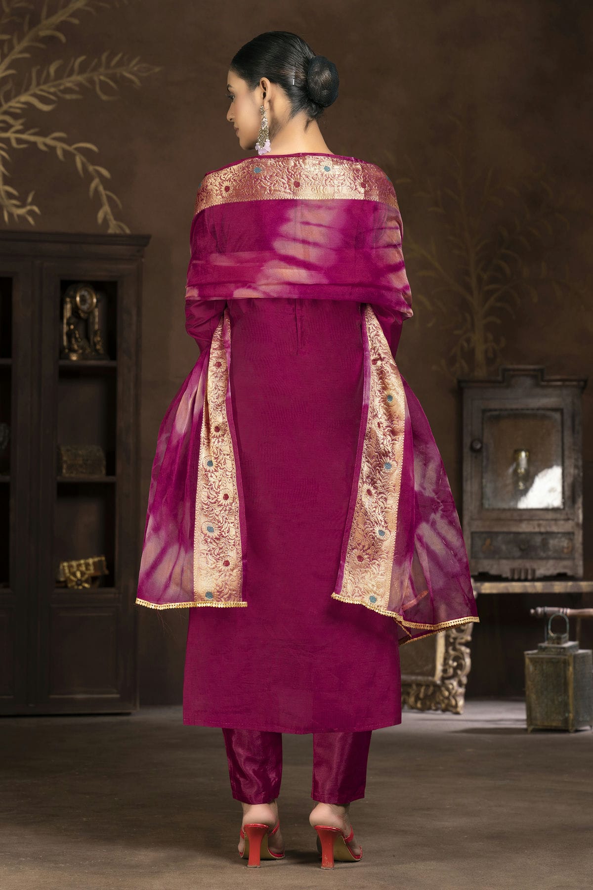 Magenta Colour Unstitched Cotton Jacquard Pant Style Suit VSUS1161317