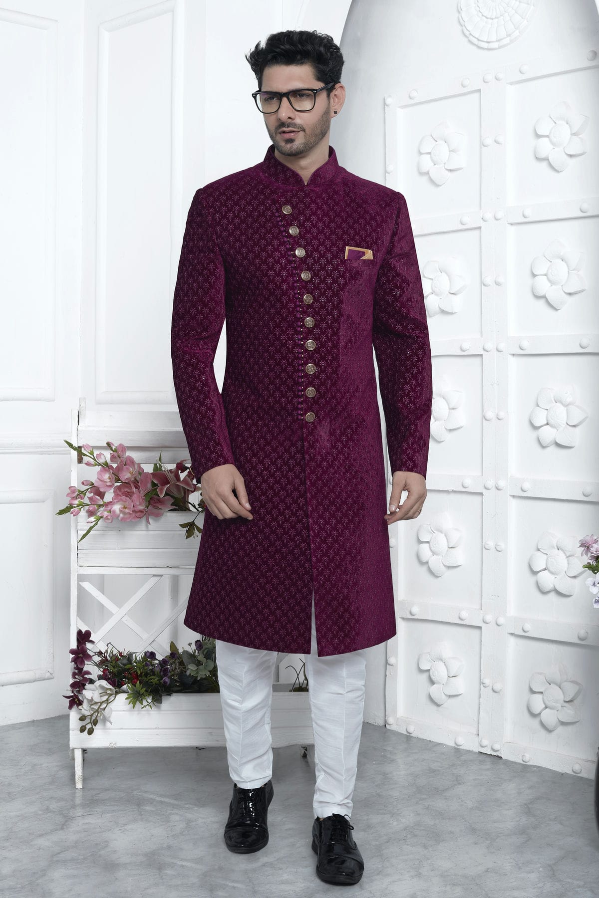 Magenta Colour Velvet Silk Indowestern Sherwani With Aligadhi Pant VSSH1230026