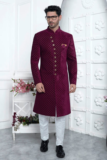 Magenta Colour Velvet Silk Indowestern Sherwani With Aligadhi Pant VSSH1230026