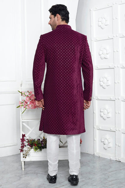 Magenta Colour Velvet Silk Indowestern Sherwani With Aligadhi Pant VSSH1230026