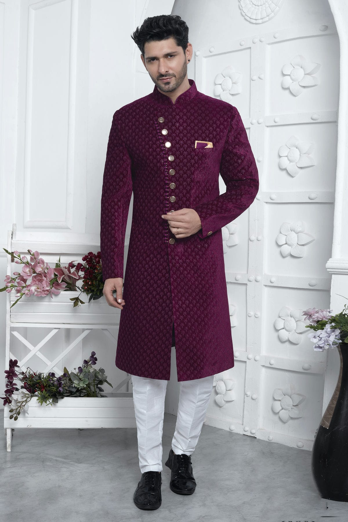 Magenta Colour Velvet Silk Indowestern Sherwani With Aligadhi Pant