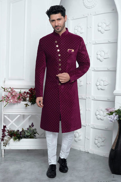 Magenta Colour Velvet Silk Indowestern Sherwani With Aligadhi Pant