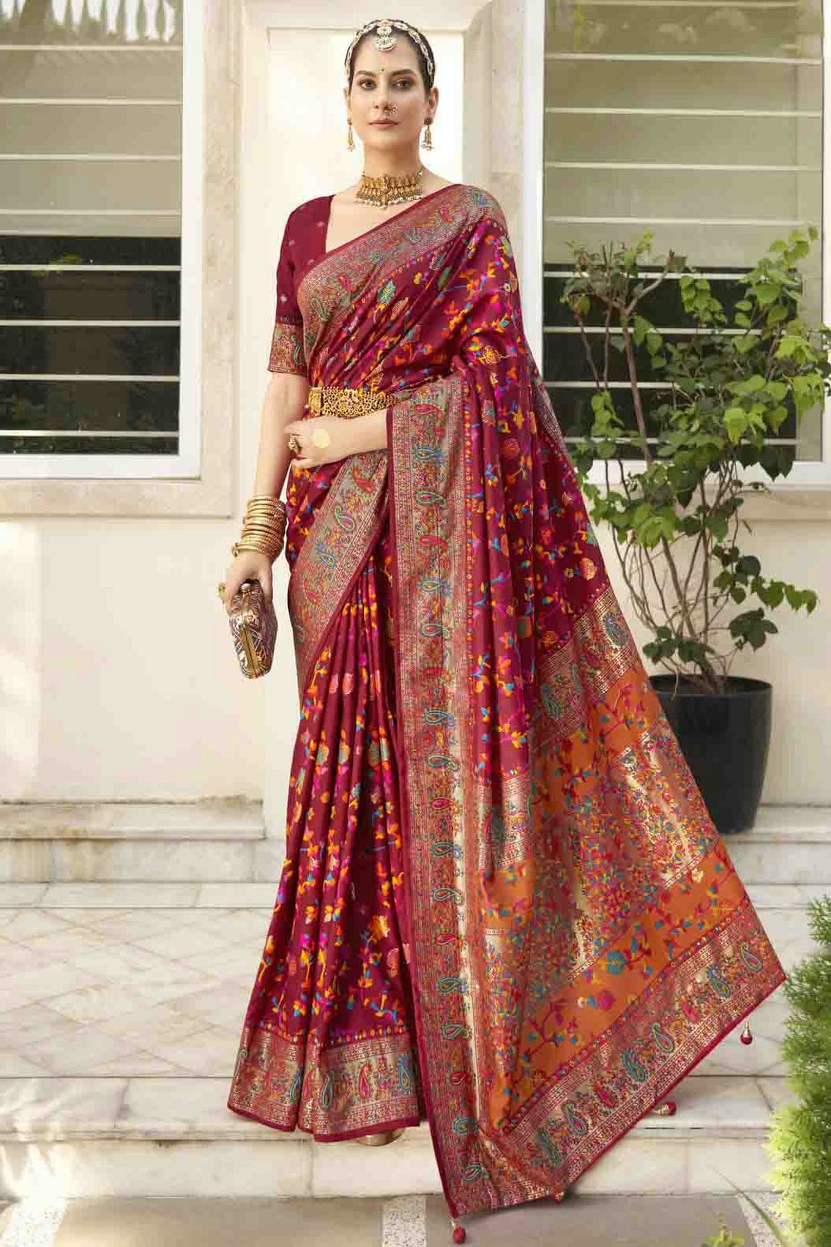 Magenta Colour Velvet Tussar Silk Floral Printed Traditional Sarees VSSD1113753
