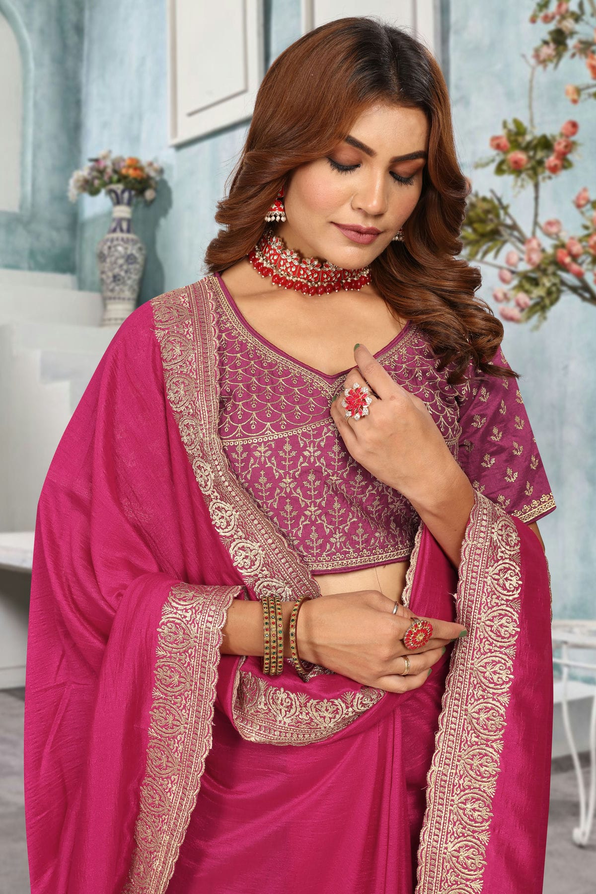 Magenta Colour Vichitra Bloming Designer Saree