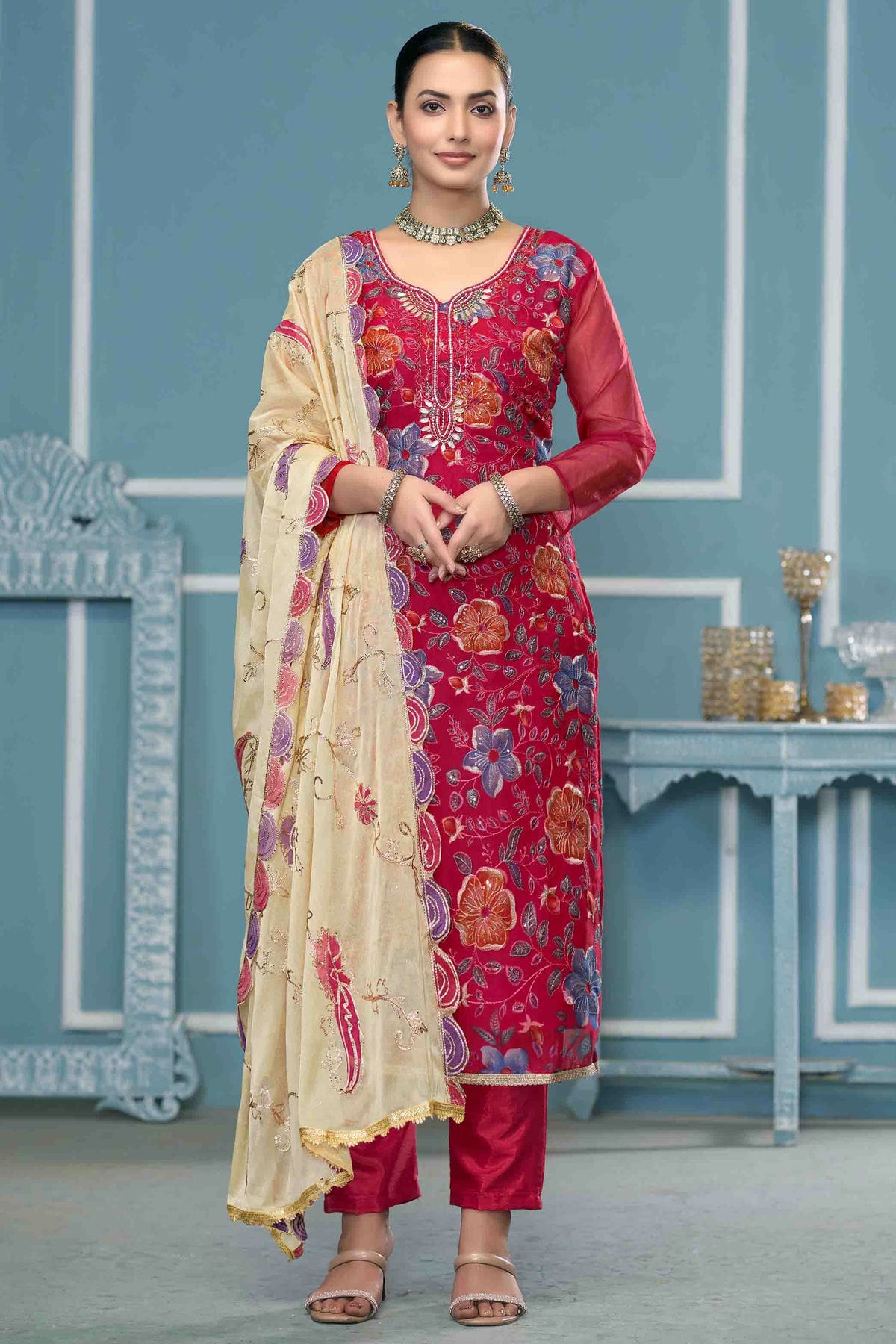 Magenta Colour Viscose Organza Pant Style Suit VSSM1113263