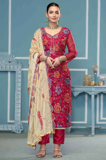 Magenta Colour Viscose Organza Pant Style Suit VSSM1113263