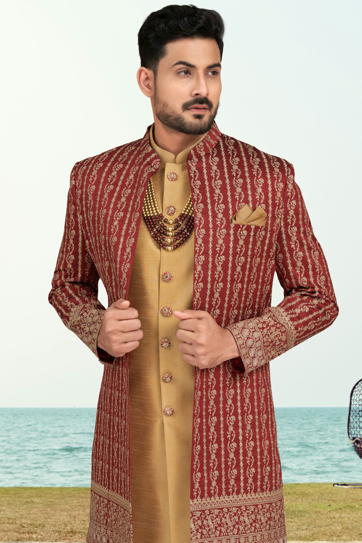 Maroon Colour Banarasi Silk Sherwani VSSH1040521