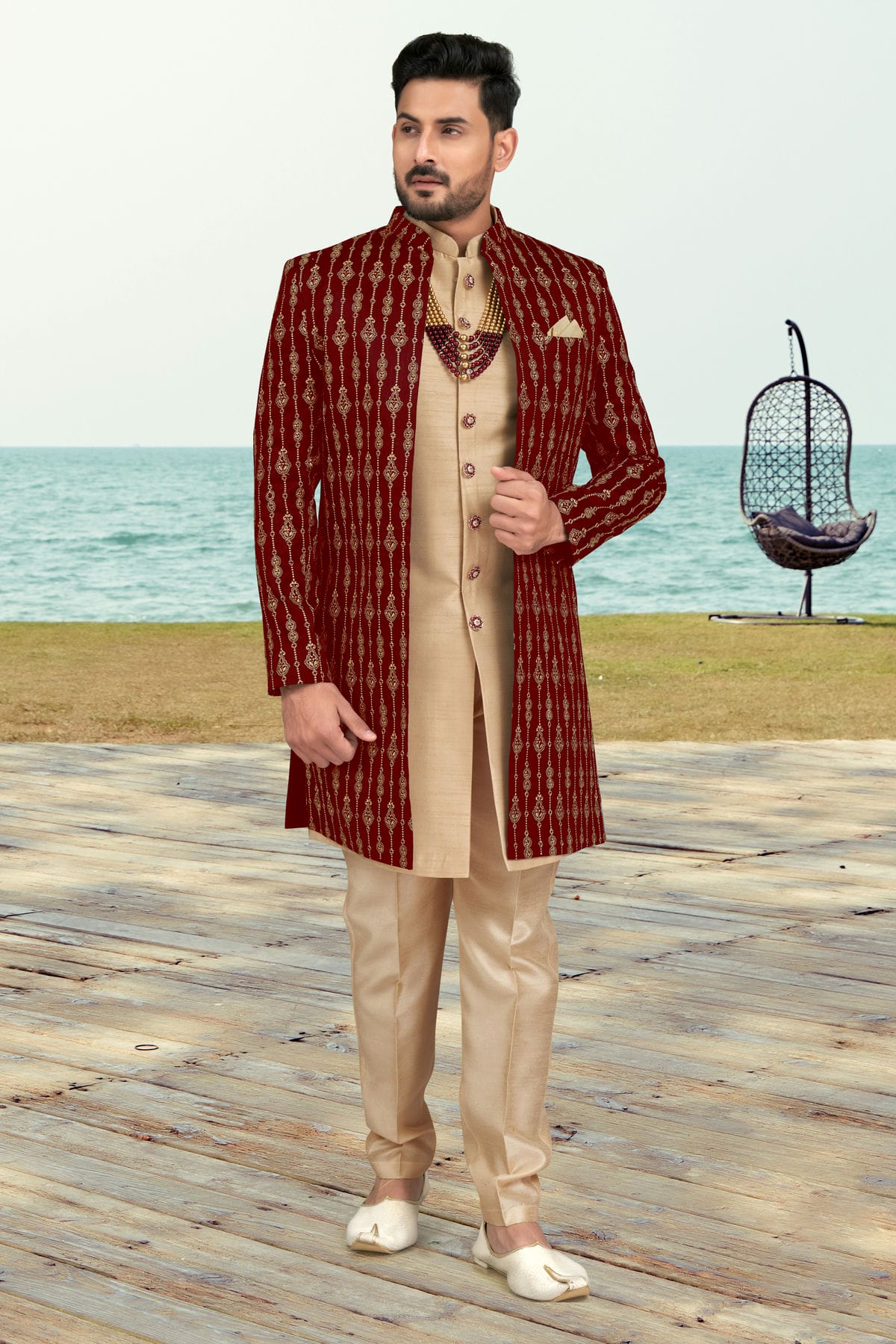 Maroon Colour Banarasi Silk Sherwani VSSH1040533