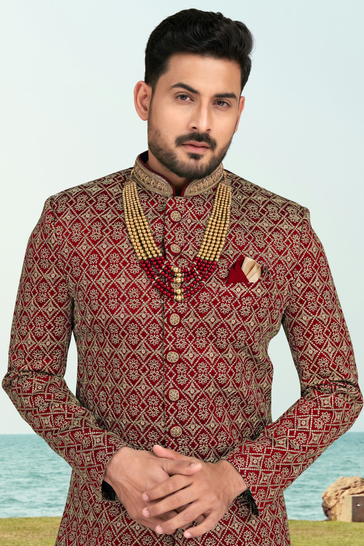 Maroon Colour Banarasi Silk Sherwani VSSH1040540