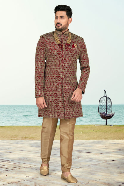 Maroon Colour Banarasi Silk Sherwani VSSH1040540