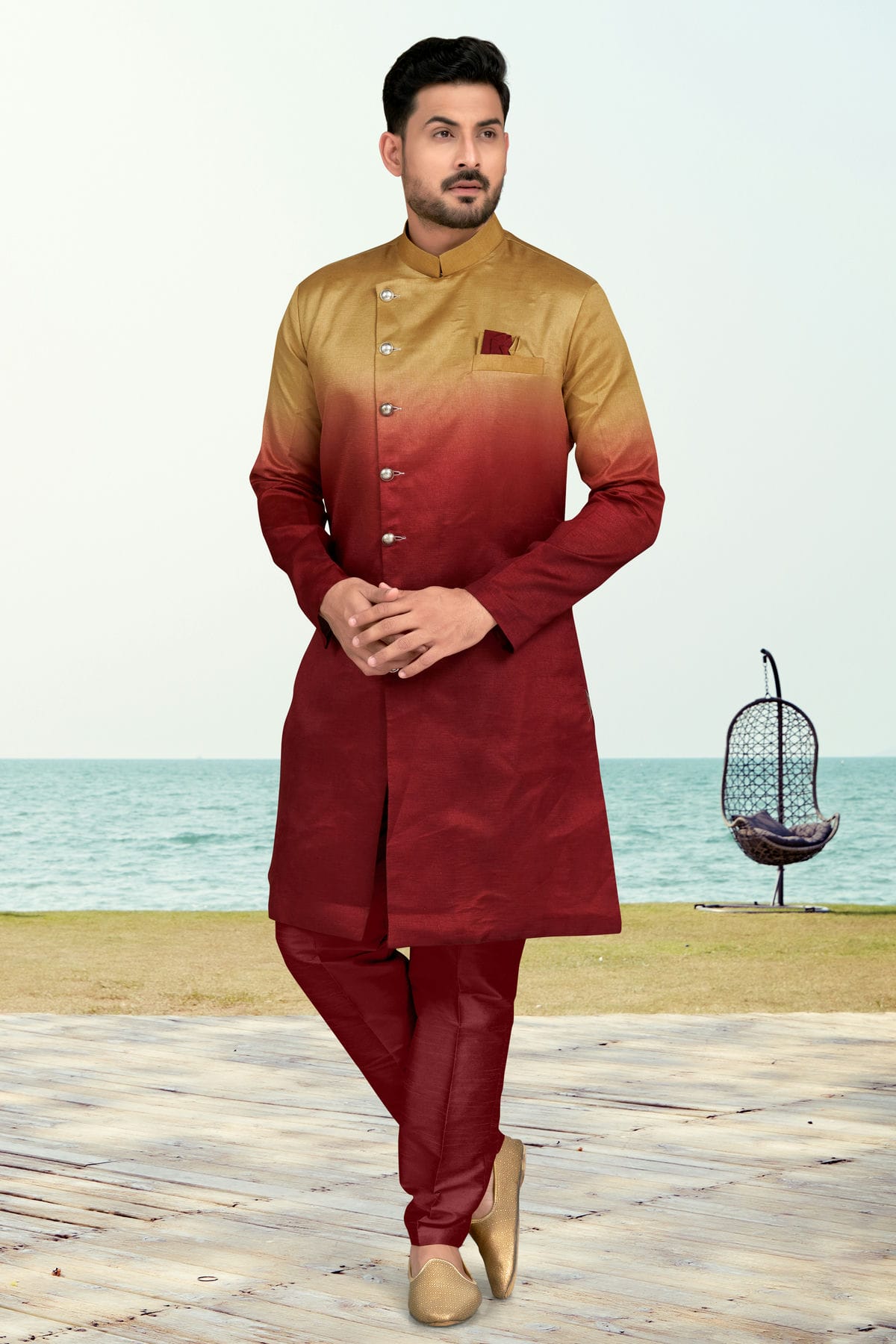 Maroon Colour Champion Silk Indo Western Sherwani VSSH1040496