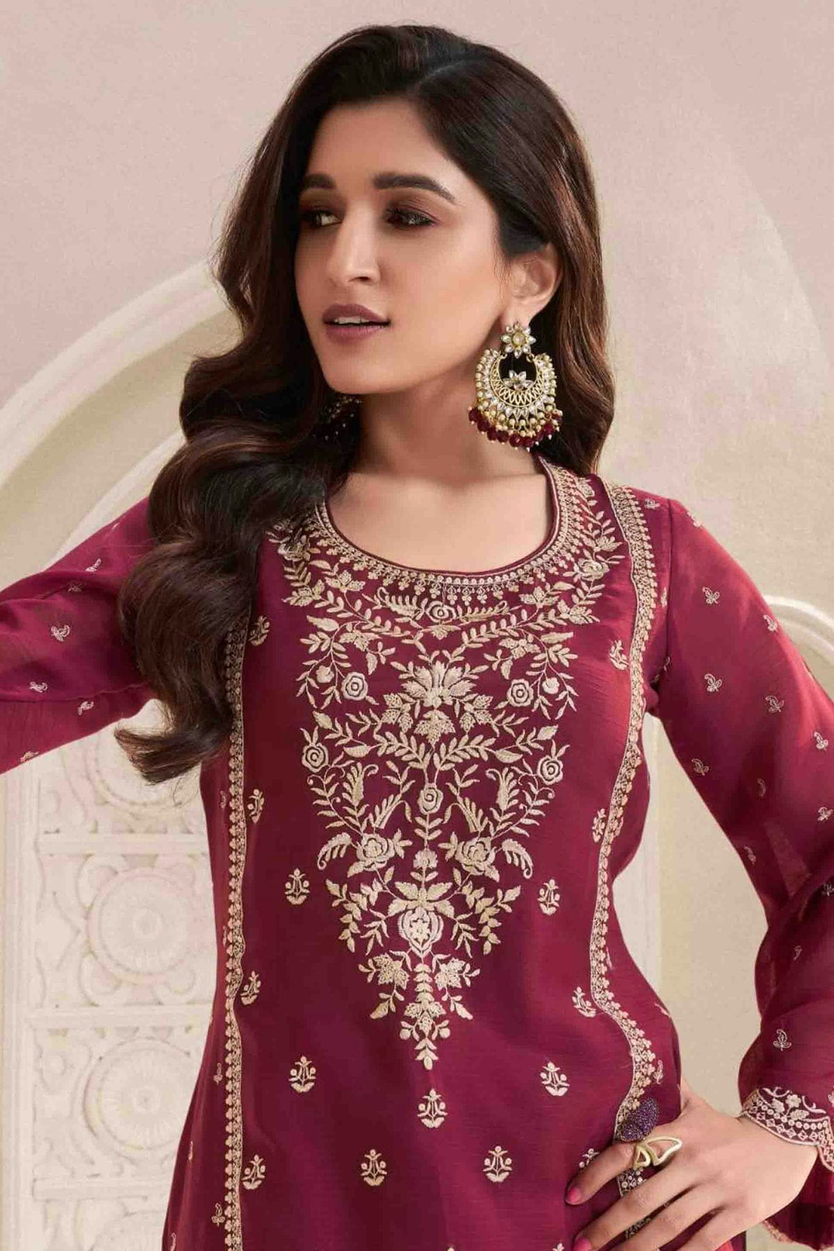 Maroon Colour Chiffon Palazzo Pant Suit VSSM1113189