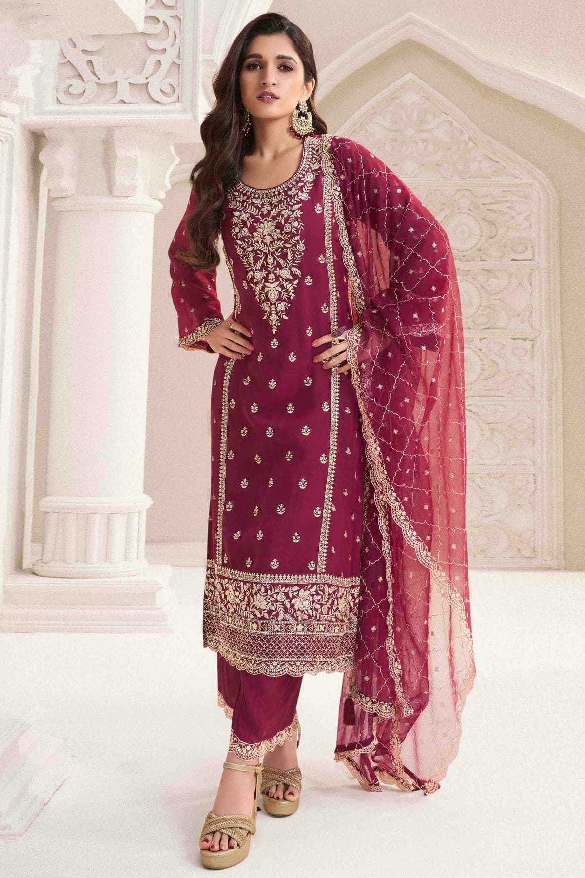Maroon Colour Chiffon Palazzo Pant Suit VSSM1113189