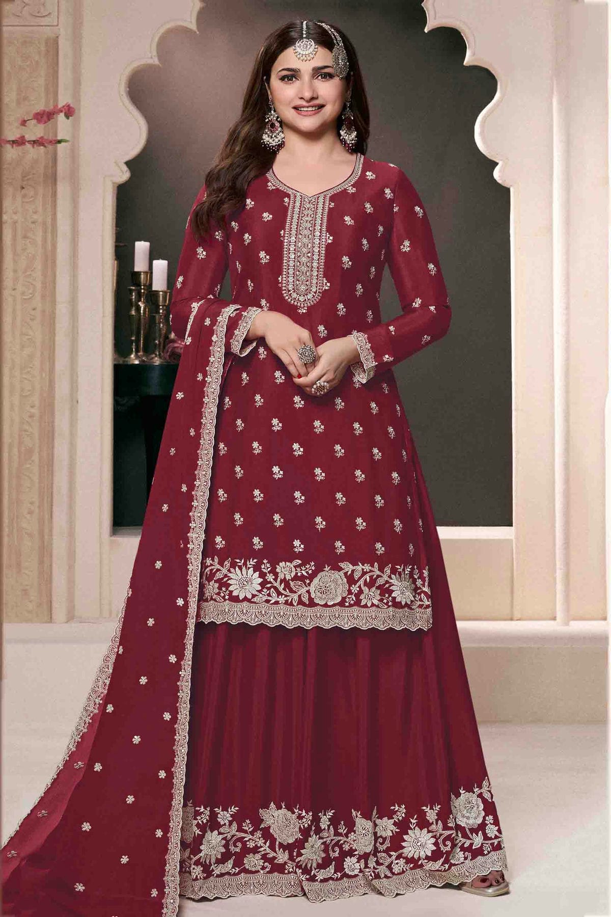 Maroon Colour Chinon Palazzo Pant Suit VSSM1140918