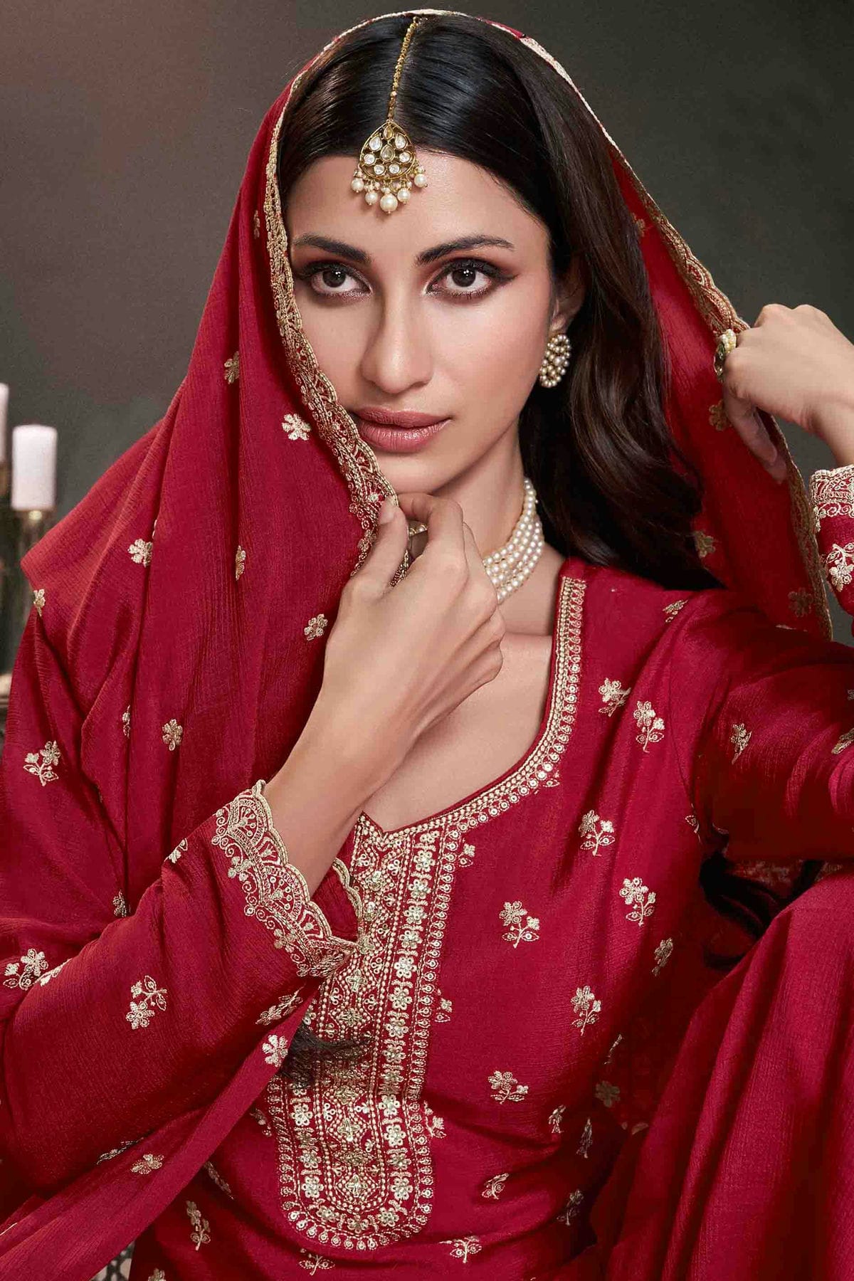 Maroon Colour Chinon Palazzo Pant Suit VSSM1140925