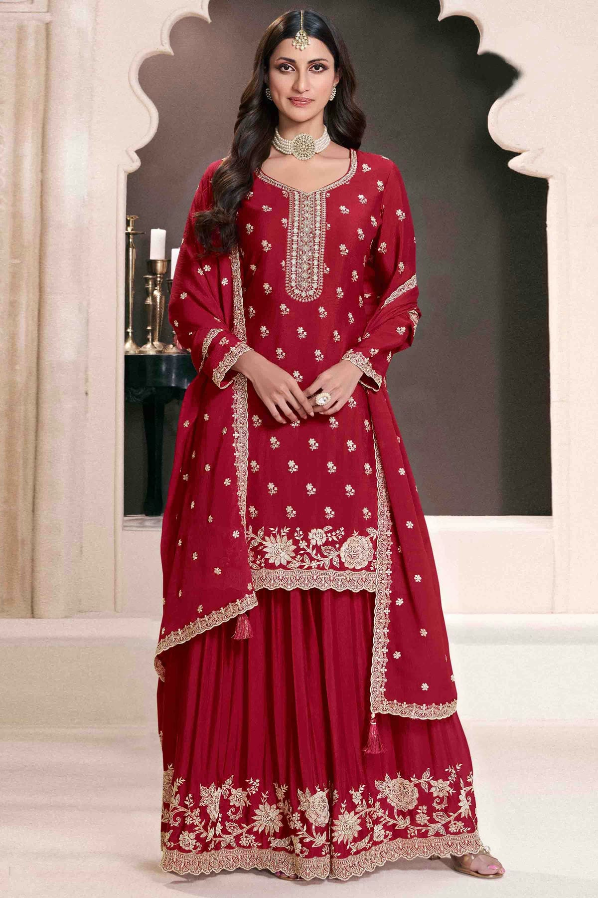 Maroon Colour Chinon Palazzo Pant Suit VSSM1140925