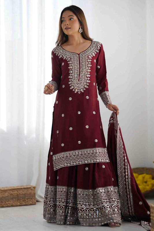 Maroon Colour Chinon Silk Stitched Suit VSSS1113000