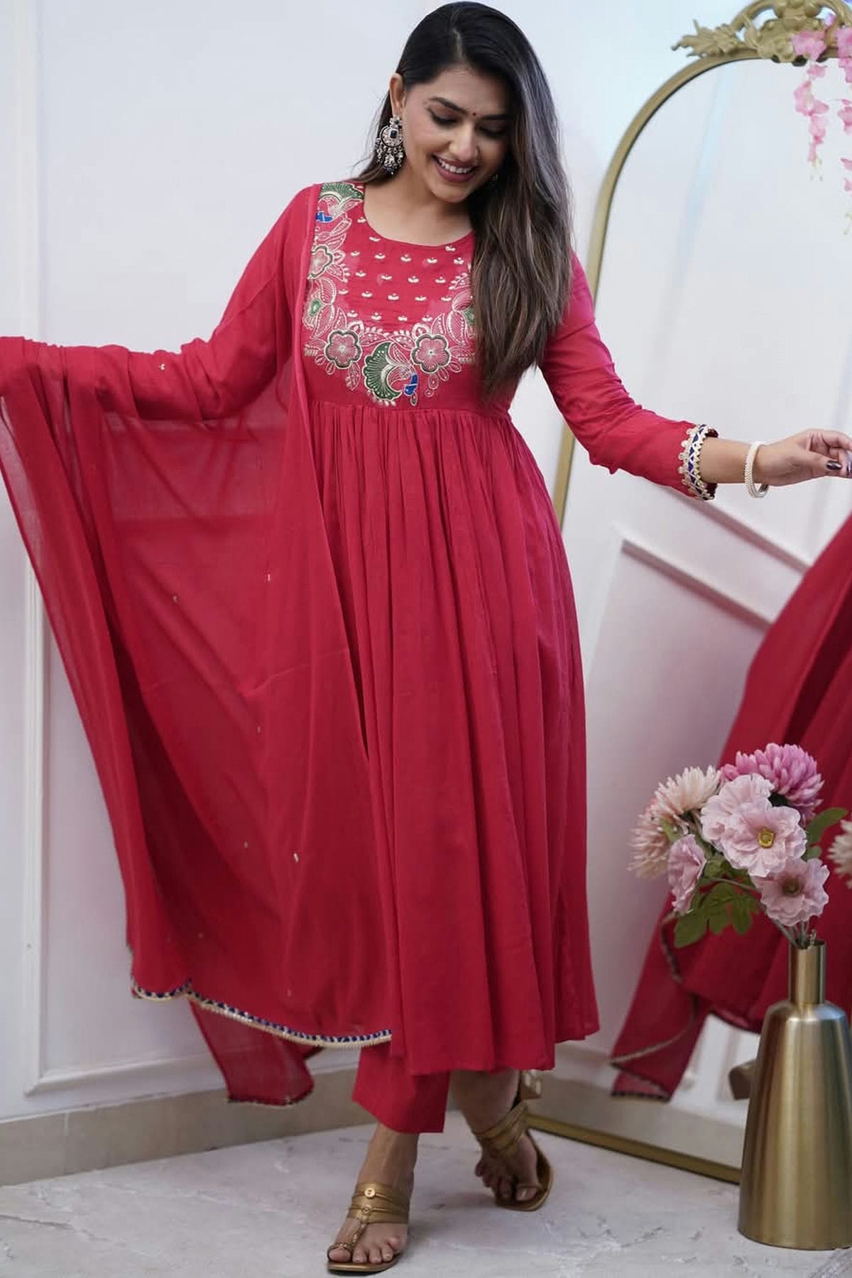 Maroon Colour Chinon Stitched Suit