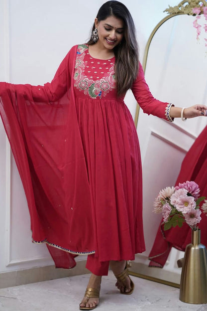 Maroon Colour Chinon Stitched Suit