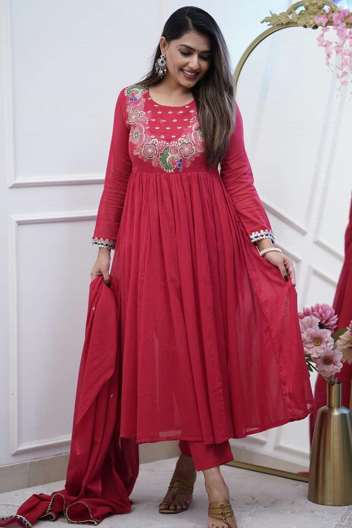 Maroon Colour Chinon Stitched Suit