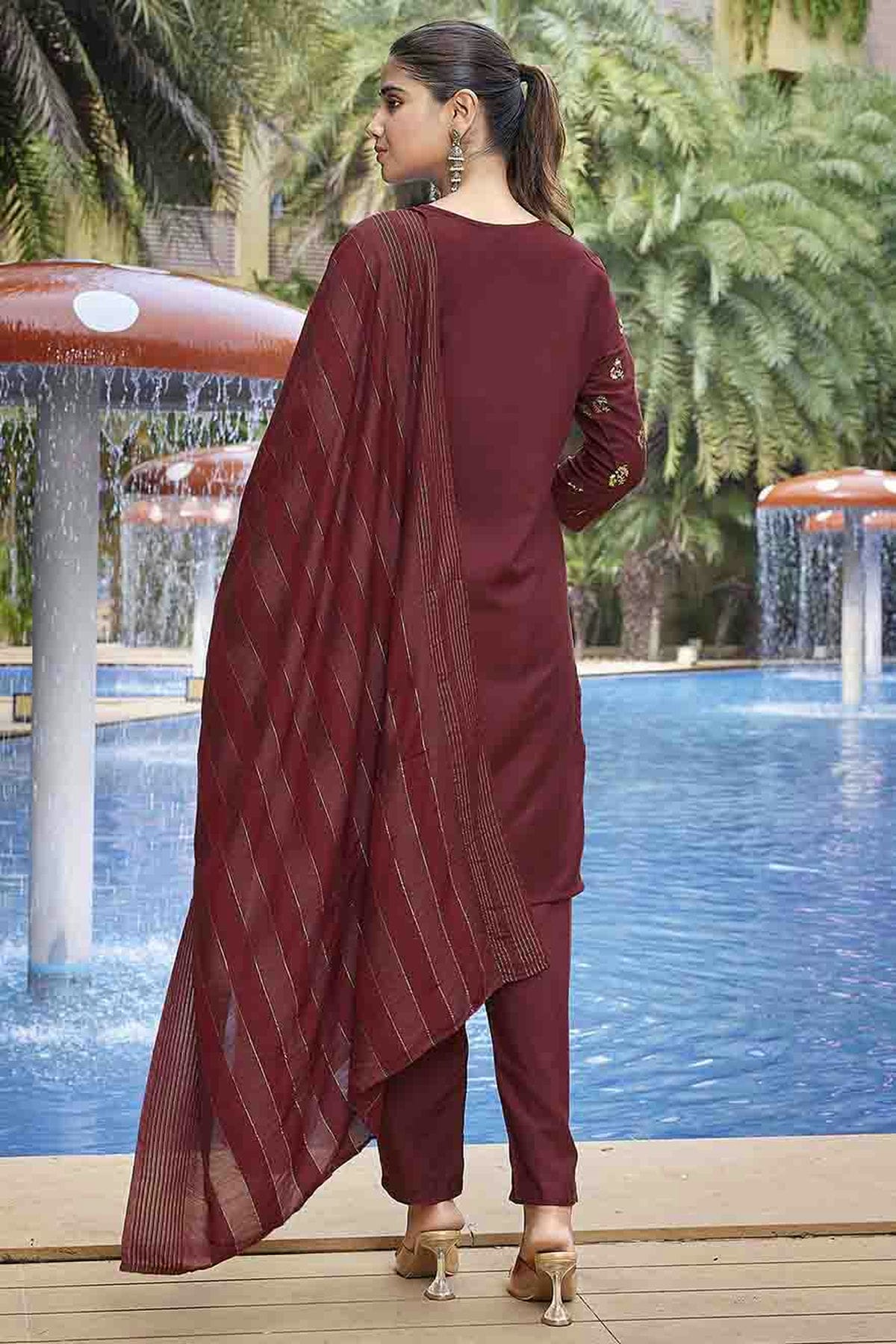 Maroon Colour Crepe Foil Printed Pant Style Suit VSSS1113668