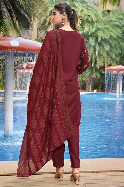 Maroon Colour Crepe Foil Printed Pant Style Suit VSSS1113668