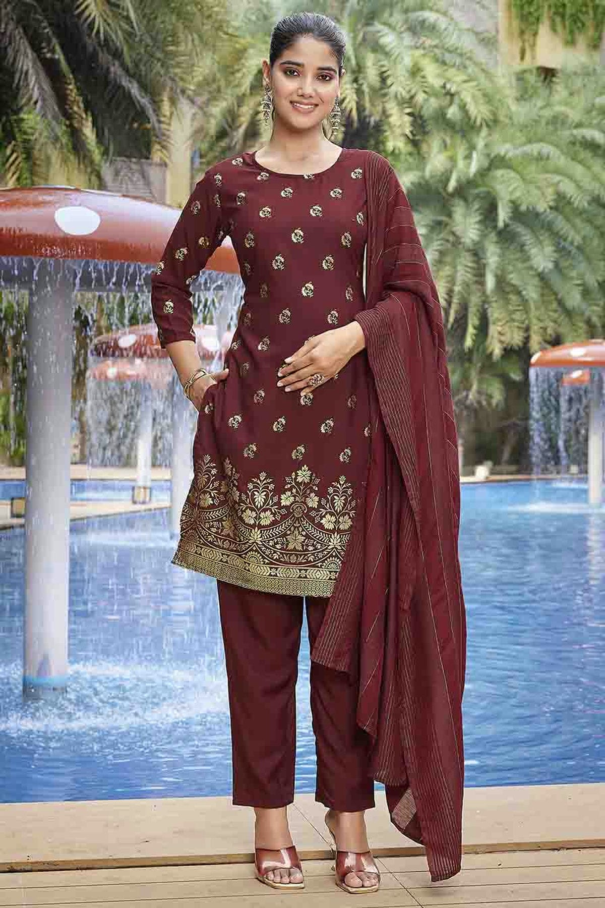 Maroon Colour Crepe Foil Printed Pant Style Suit VSSS1113668