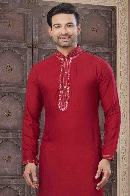 Maroon Colour Embroidery Cotton Kurta Pajama VSKP1113457