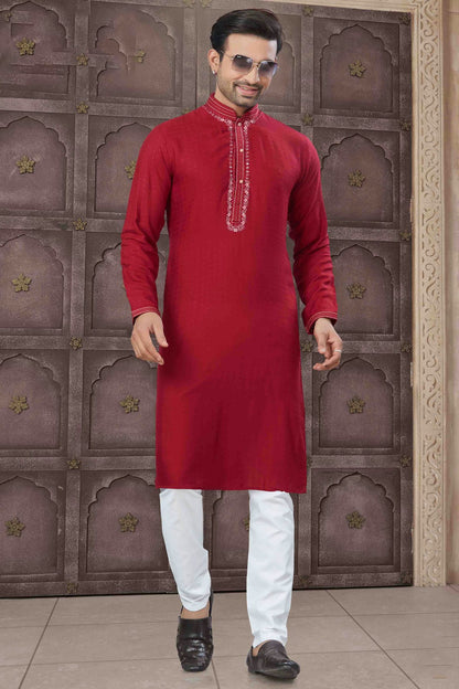 Maroon Colour Embroidery Cotton Kurta Pajama VSKP1113457
