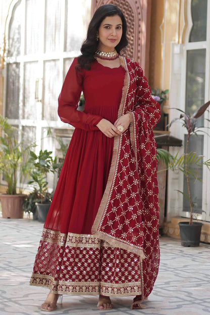 Maroon Colour Embroidery Faux Georgette Gown VSGW1113524