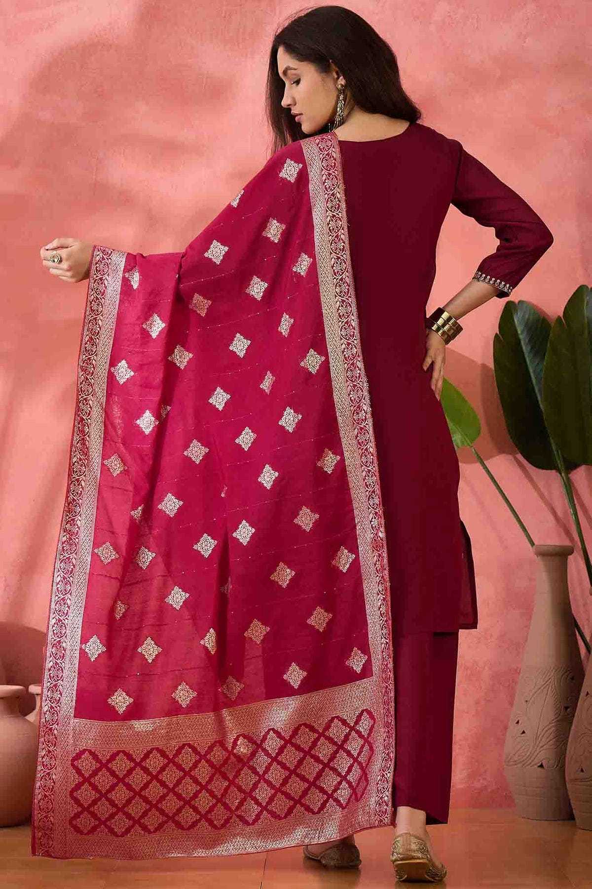 Maroon Colour Embroidery Roman Silk Pant Style Suit VSSS1113521