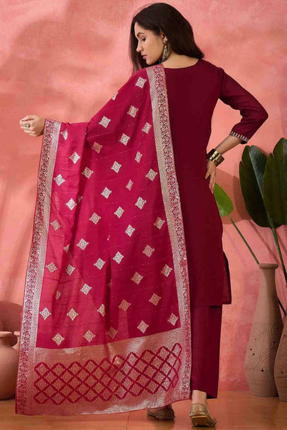 Maroon Colour Embroidery Roman Silk Pant Style Suit VSSS1113521