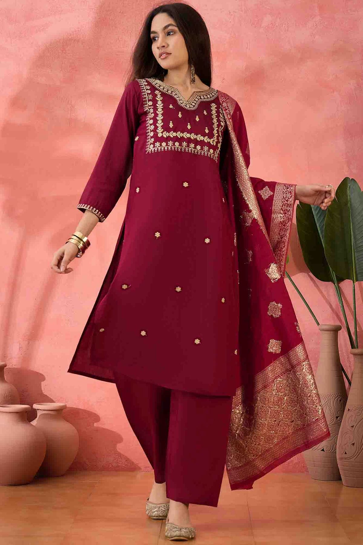 Maroon Colour Embroidery Roman Silk Pant Style Suit VSSS1113521